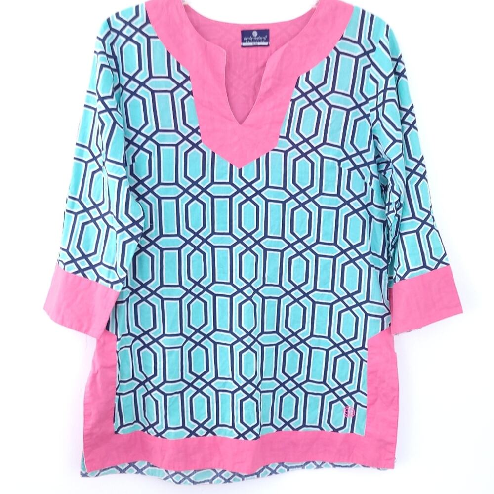 Simply Southern Tunic Top Lattice Small Blue Pink Preppy, Resortwear, 3/4 Sleeve - Picture 1 of 5